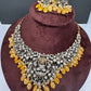 Goddess Lakshmi Victorian Mehndi Finish AD Polki Color Stone Necklace - Yellow