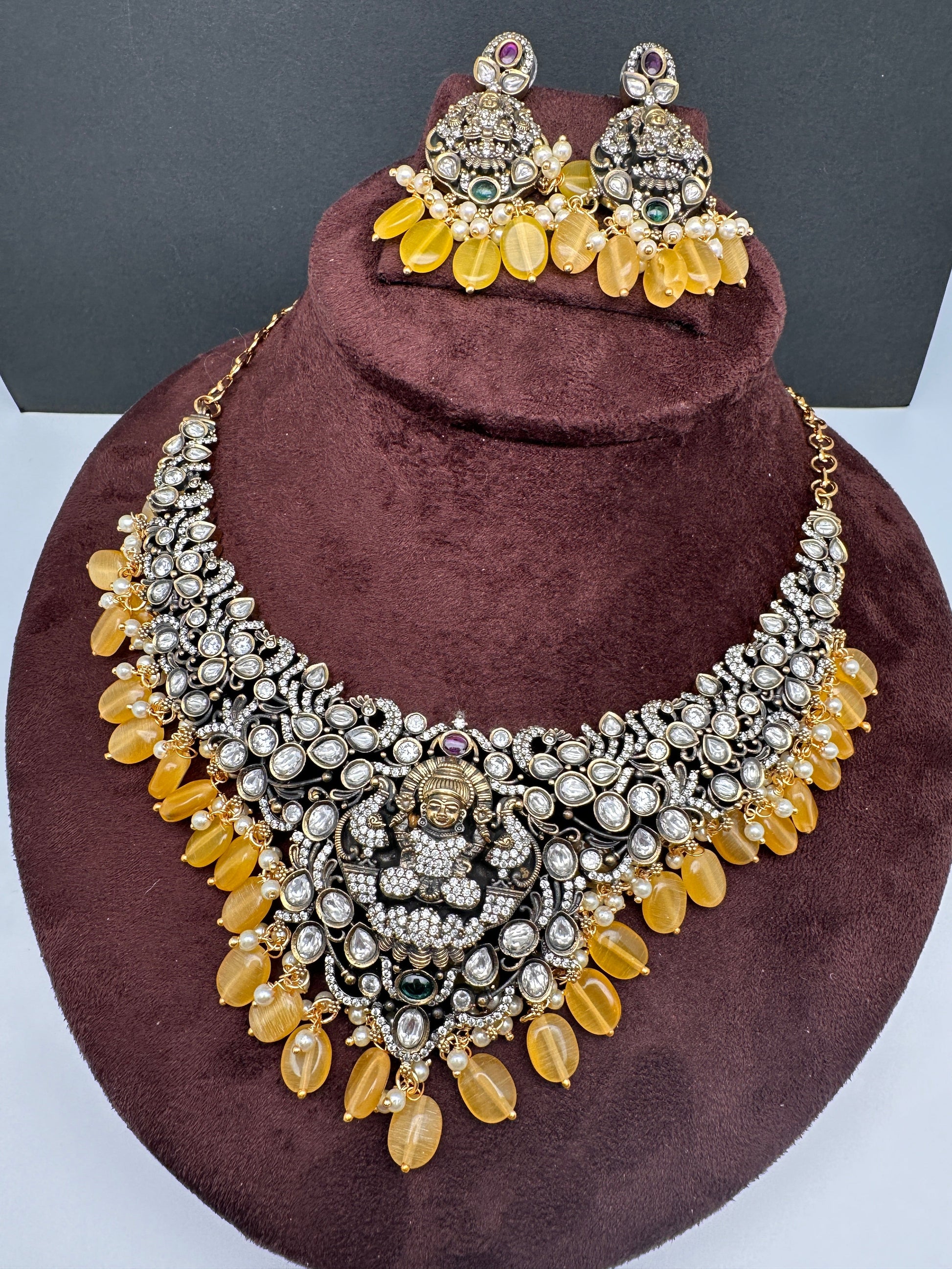Goddess Lakshmi Victorian Mehndi Finish AD Polki Color Stone Necklace - Yellow
