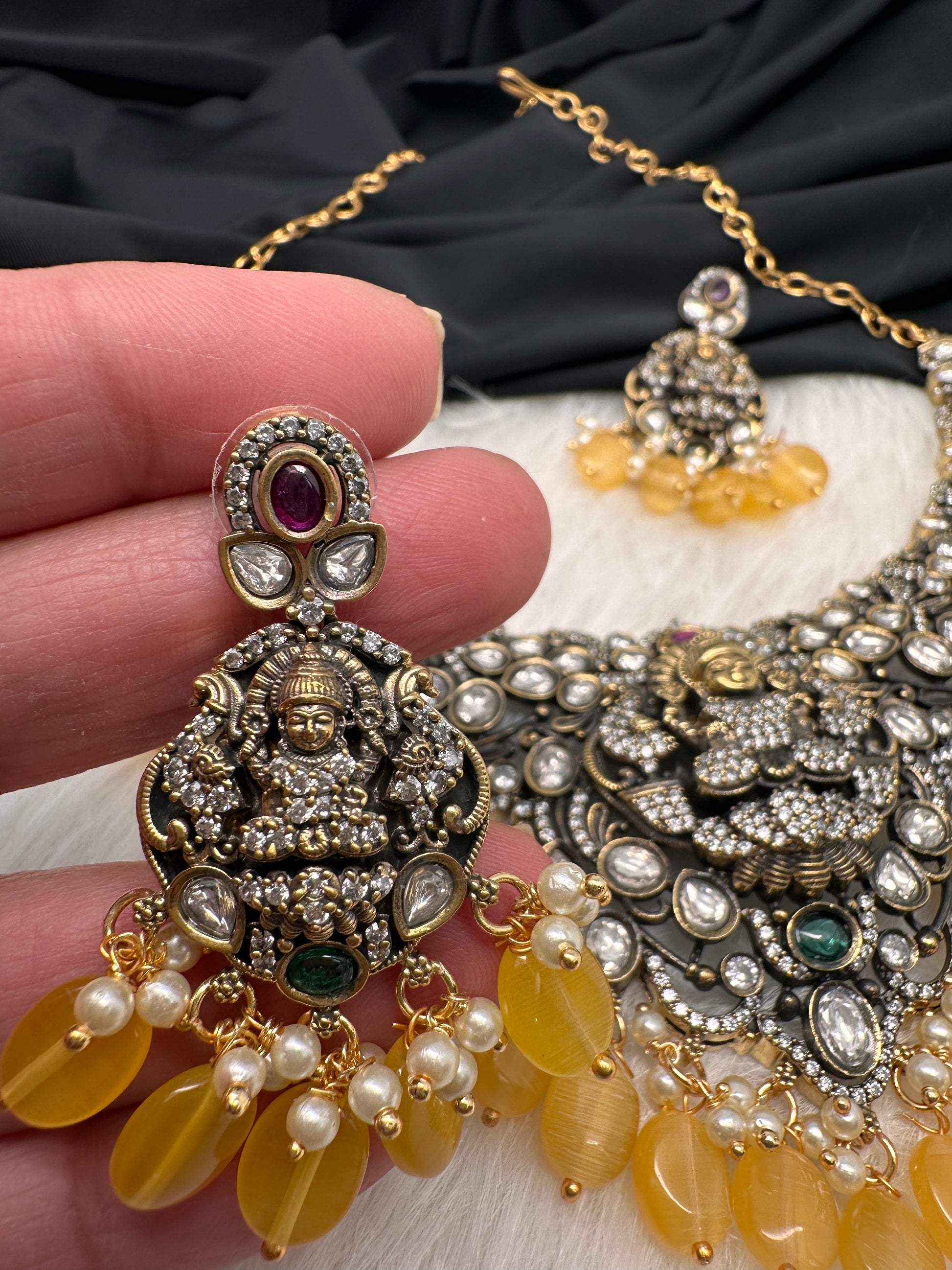 Goddess Lakshmi Victorian Mehndi Finish AD Polki Color Stone Necklace - Yellow