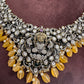 Goddess Lakshmi Victorian Mehndi Finish AD Polki Color Stone Necklace - Yellow