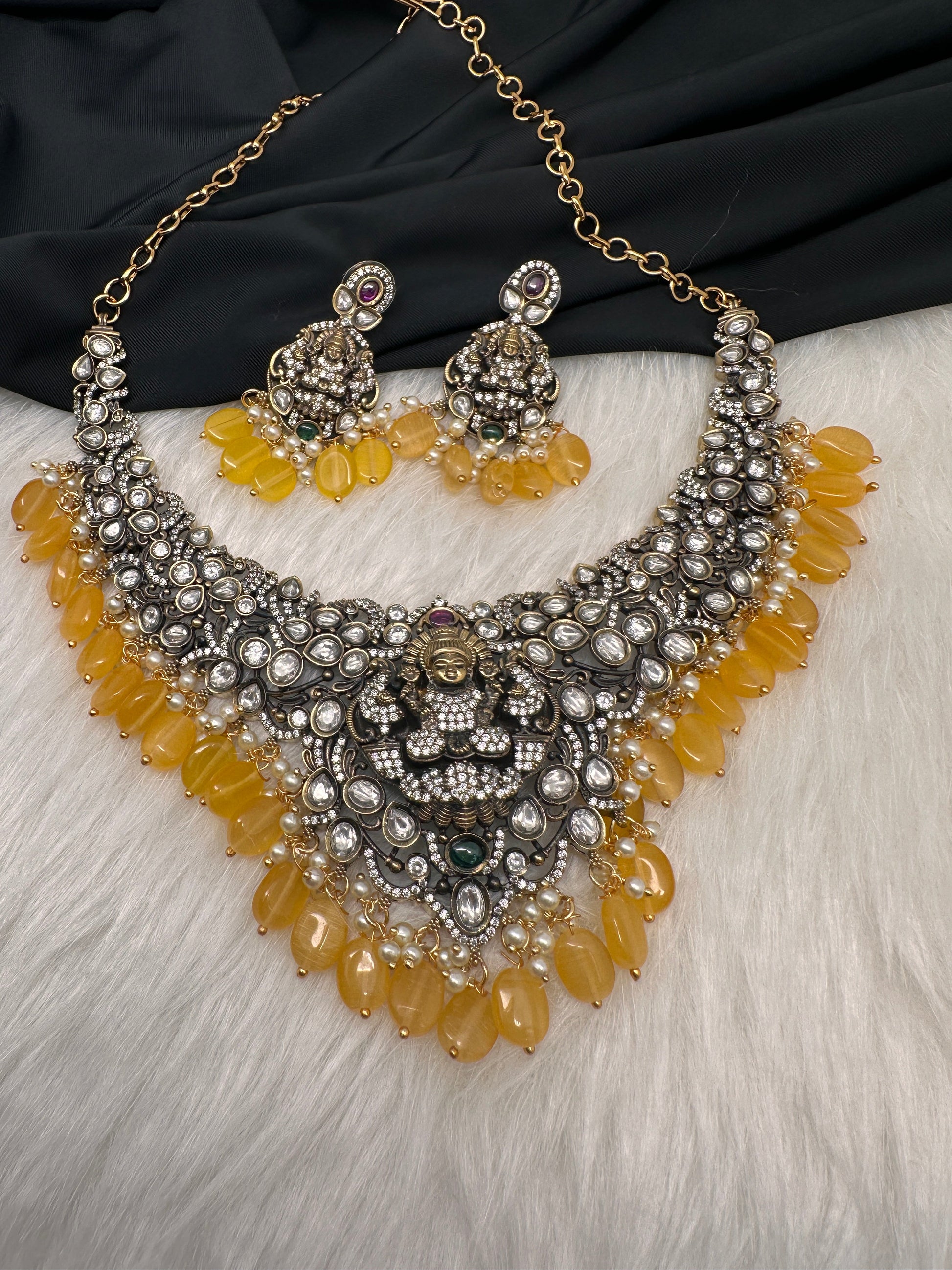 Goddess Lakshmi Victorian Mehndi Finish AD Polki Color Stone Necklace - Yellow