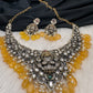 Goddess Lakshmi Victorian Mehndi Finish AD Polki Color Stone Necklace - Yellow