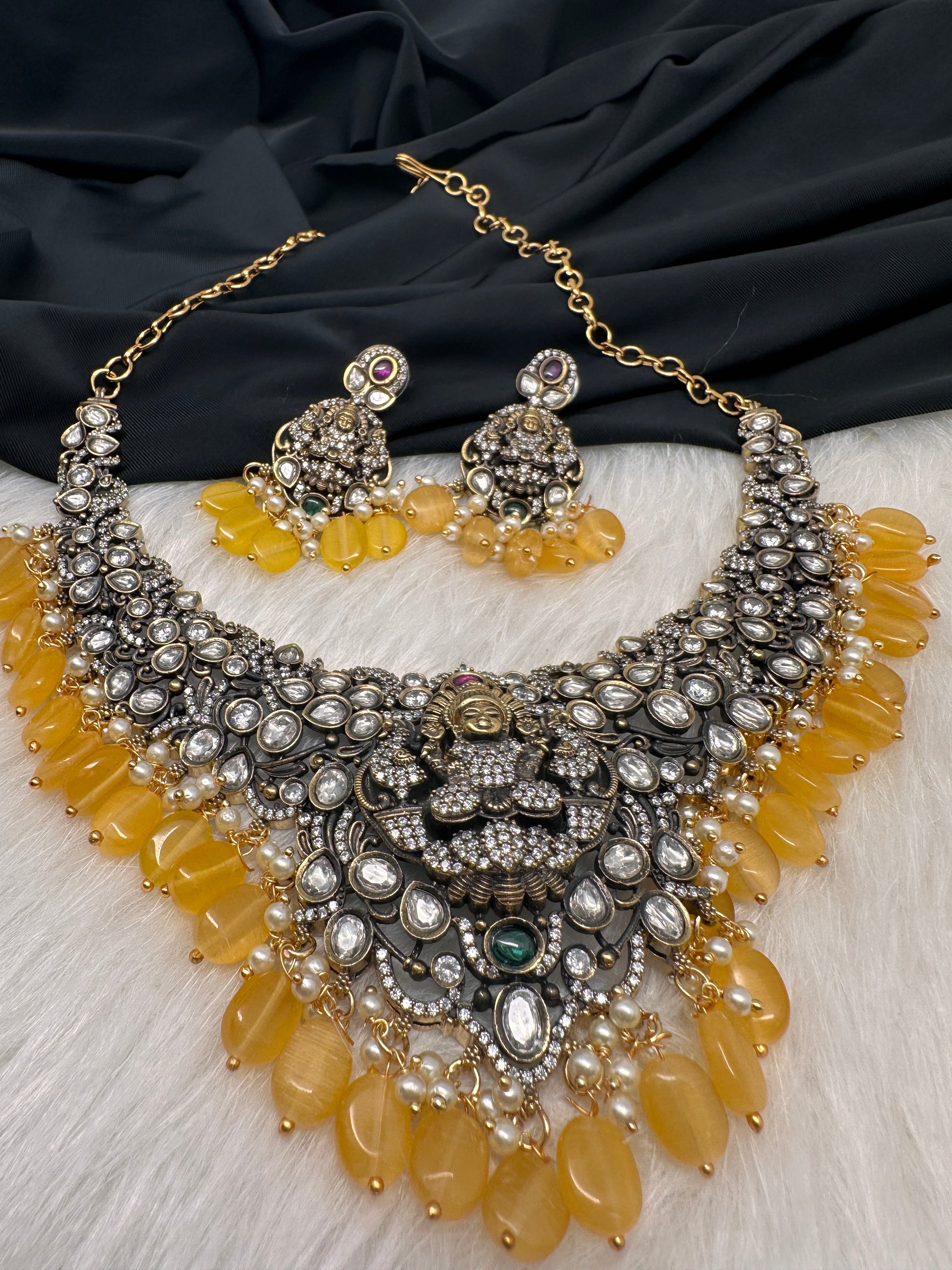Goddess Lakshmi Victorian Mehndi Finish AD Polki Color Stone Necklace - Yellow