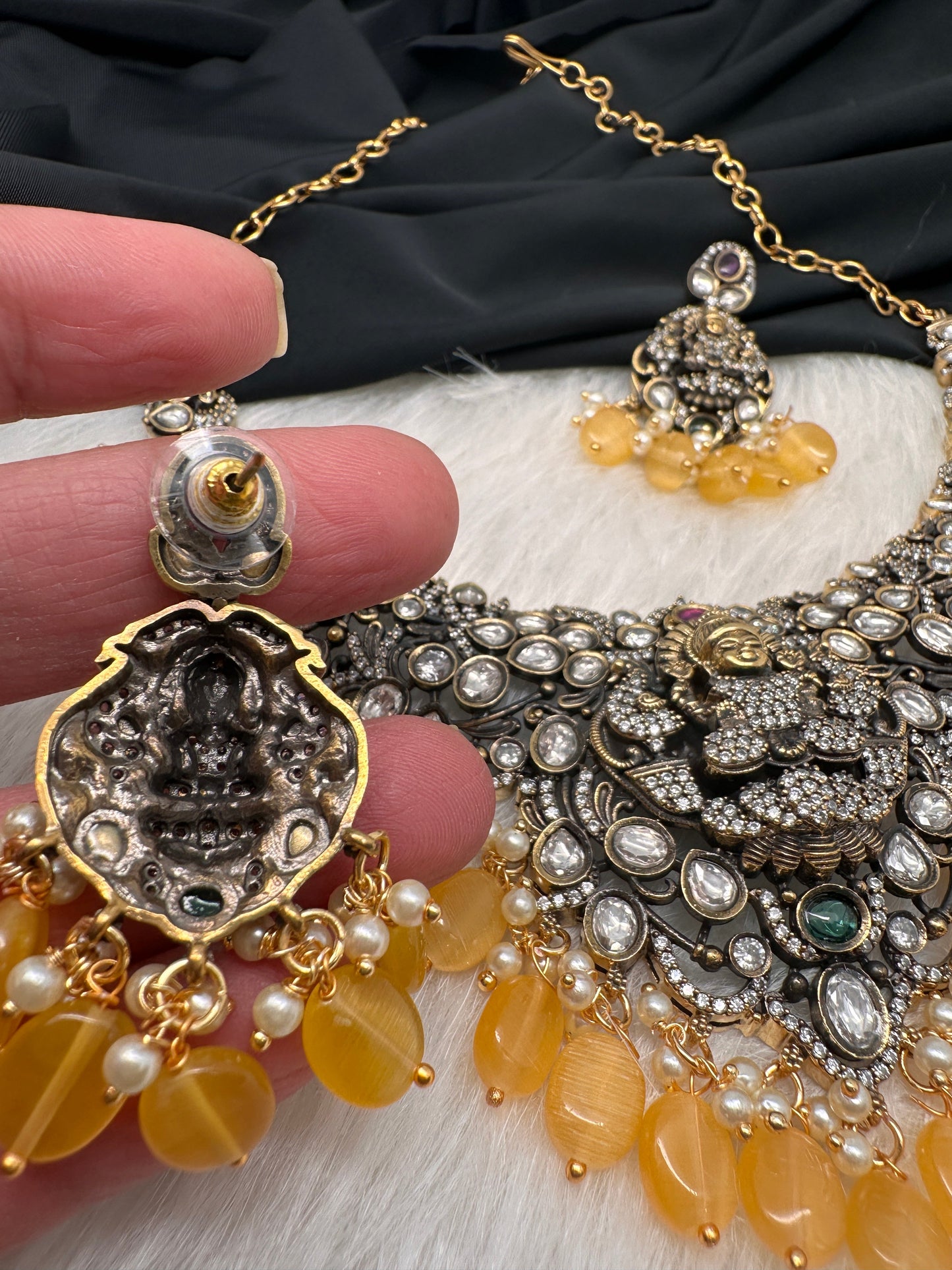 Goddess Lakshmi Victorian Mehndi Finish AD Polki Color Stone Necklace - Yellow