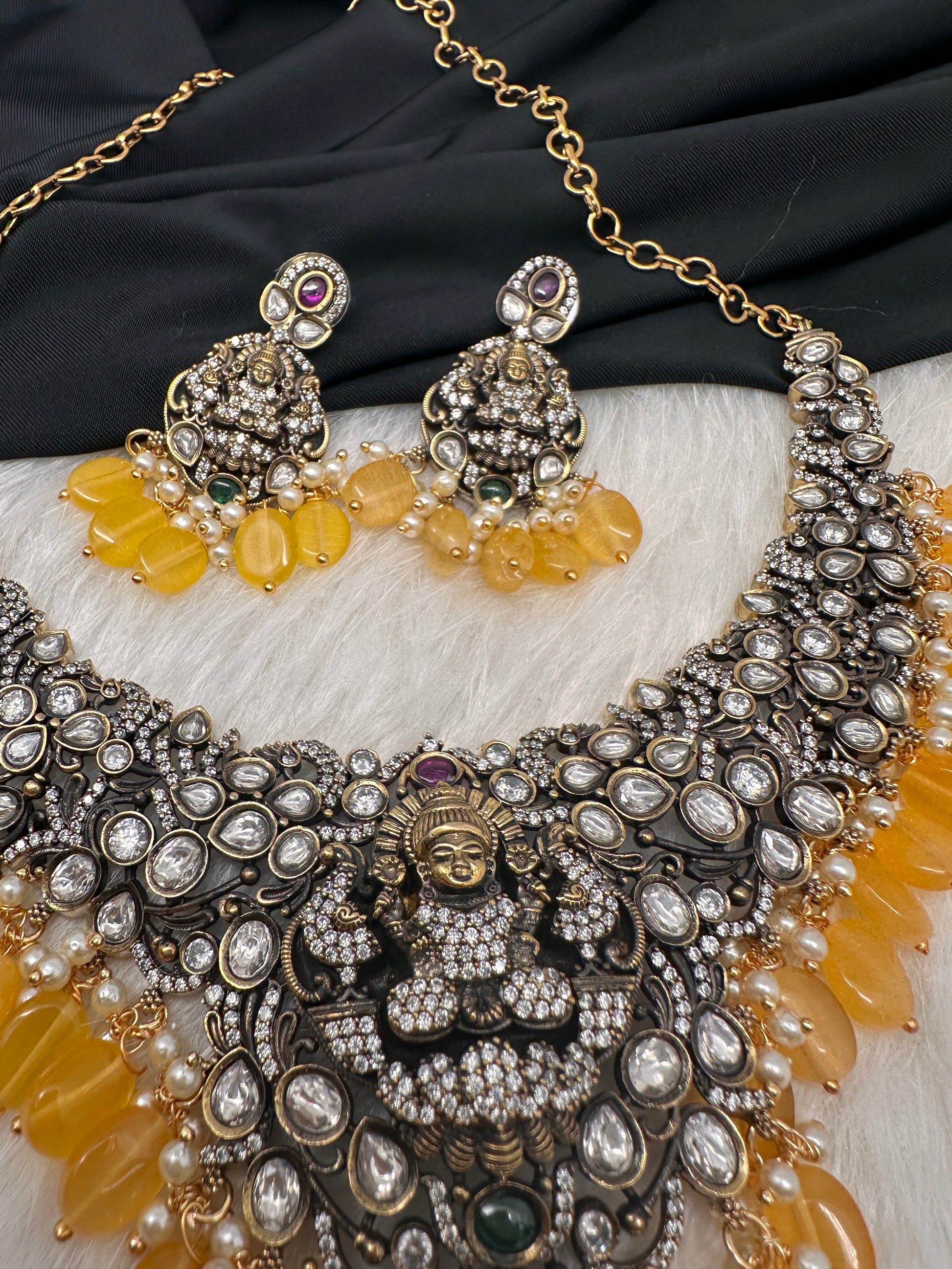 Goddess Lakshmi Victorian Mehndi Finish AD Polki Color Stone Necklace - Yellow