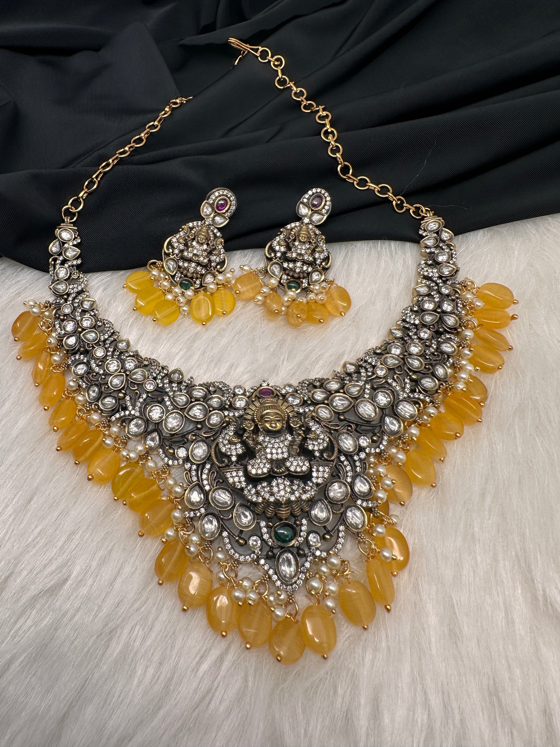 Goddess Lakshmi Victorian Mehndi Finish AD Polki Color Stone Necklace - Yellow
