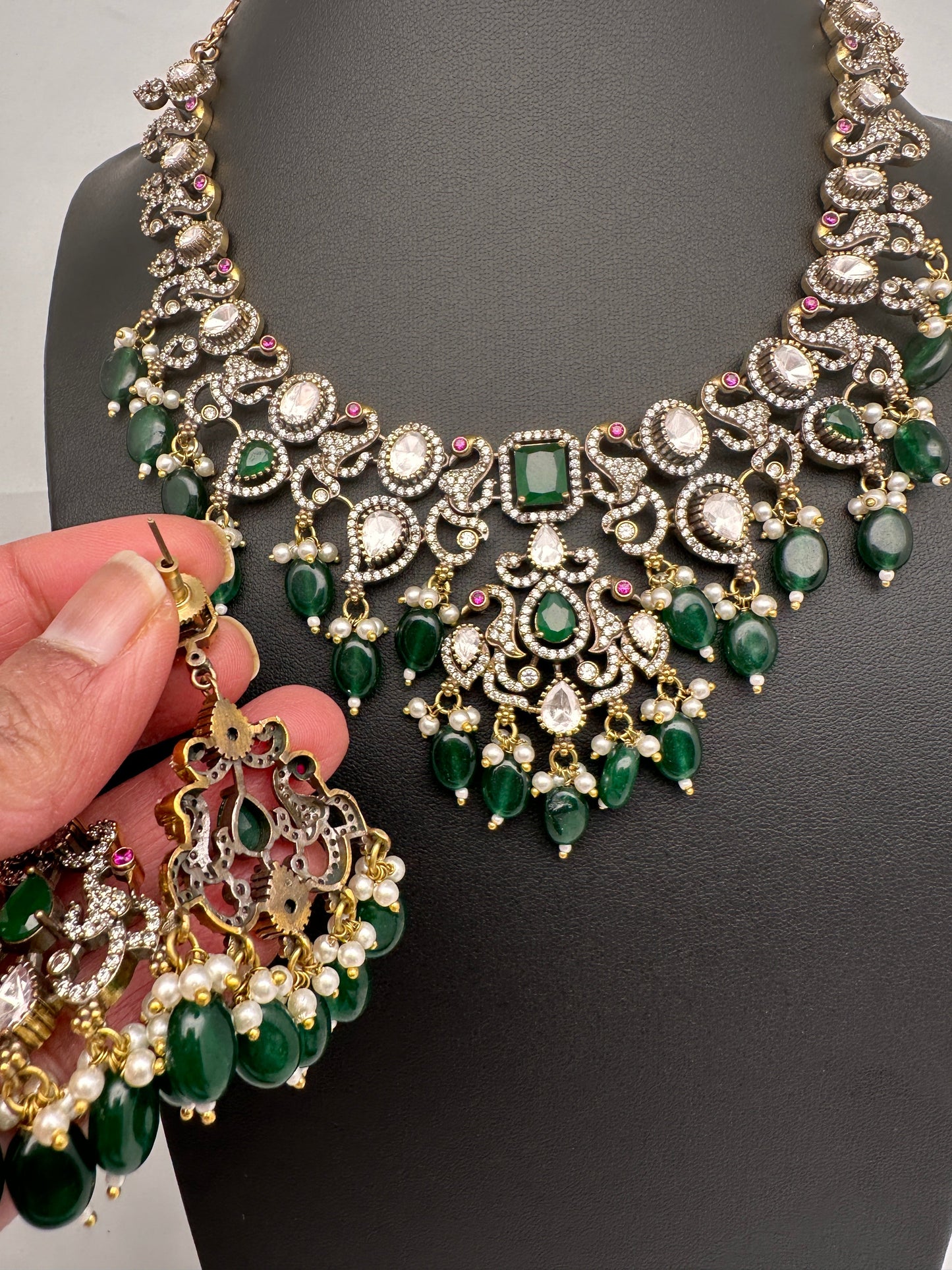 Victorian Moissanite Polki Green Necklace