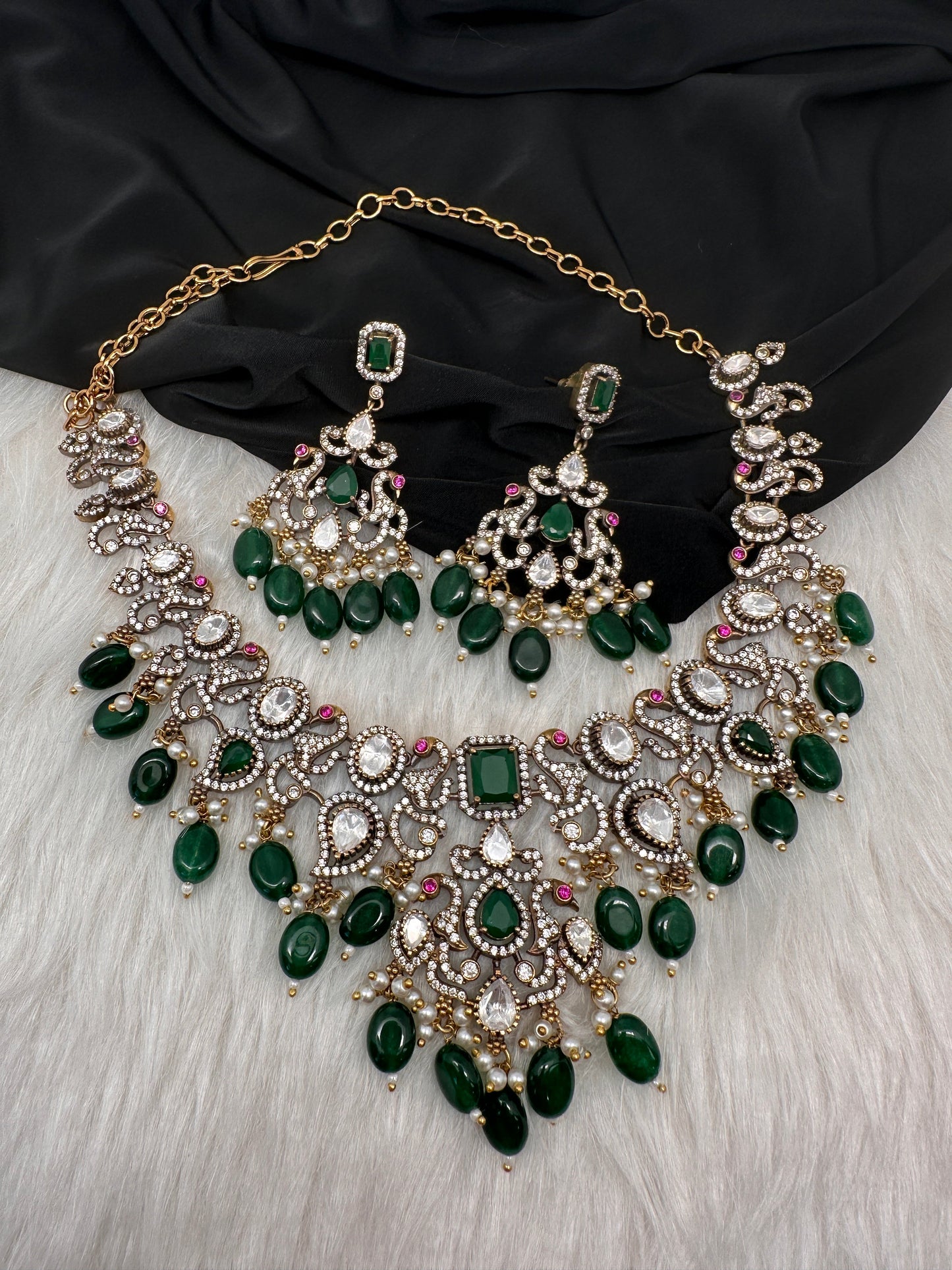 Victorian Moissanite Polki Green Necklace