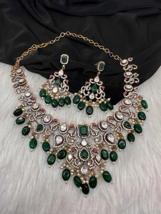 Victorian Moissanite Polki Green Necklace