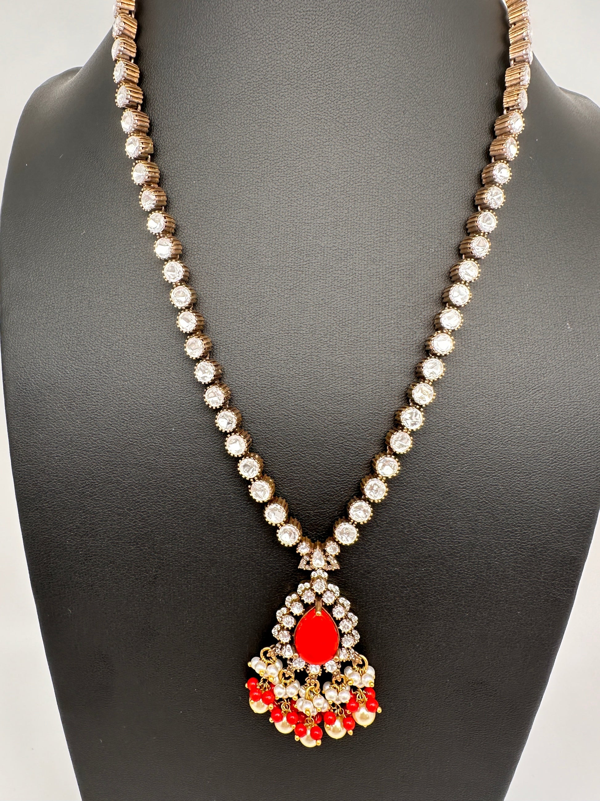 Polki Victorian Mehndi Finish Color Stone Necklace - Coral