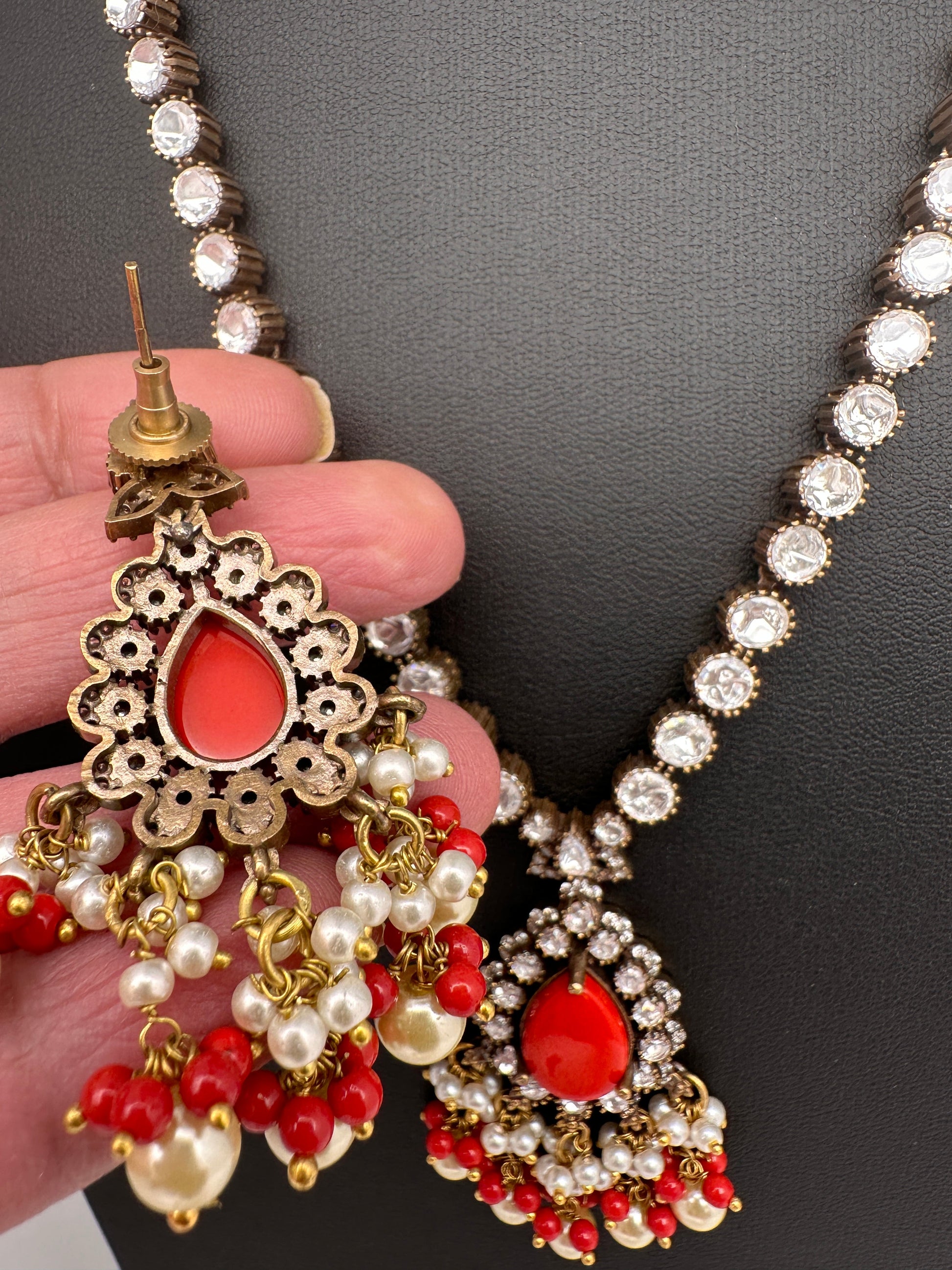 Polki Victorian Mehndi Finish Color Stone Necklace - Coral