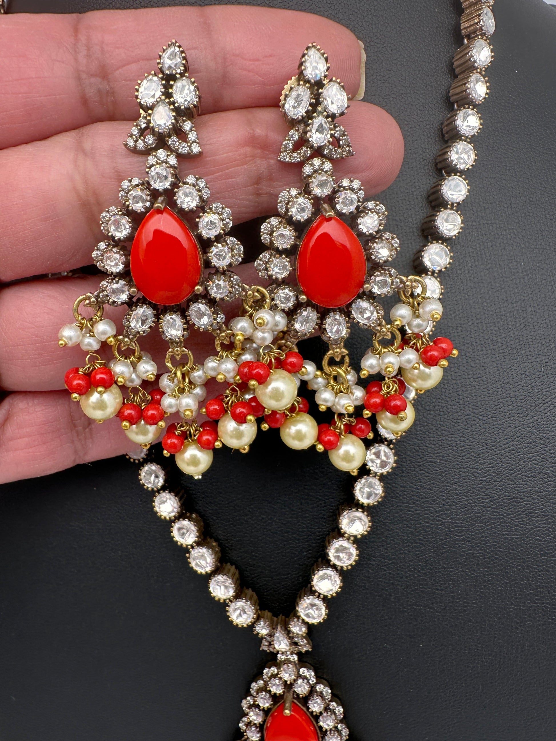 Polki Victorian Mehndi Finish Color Stone Necklace - Coral
