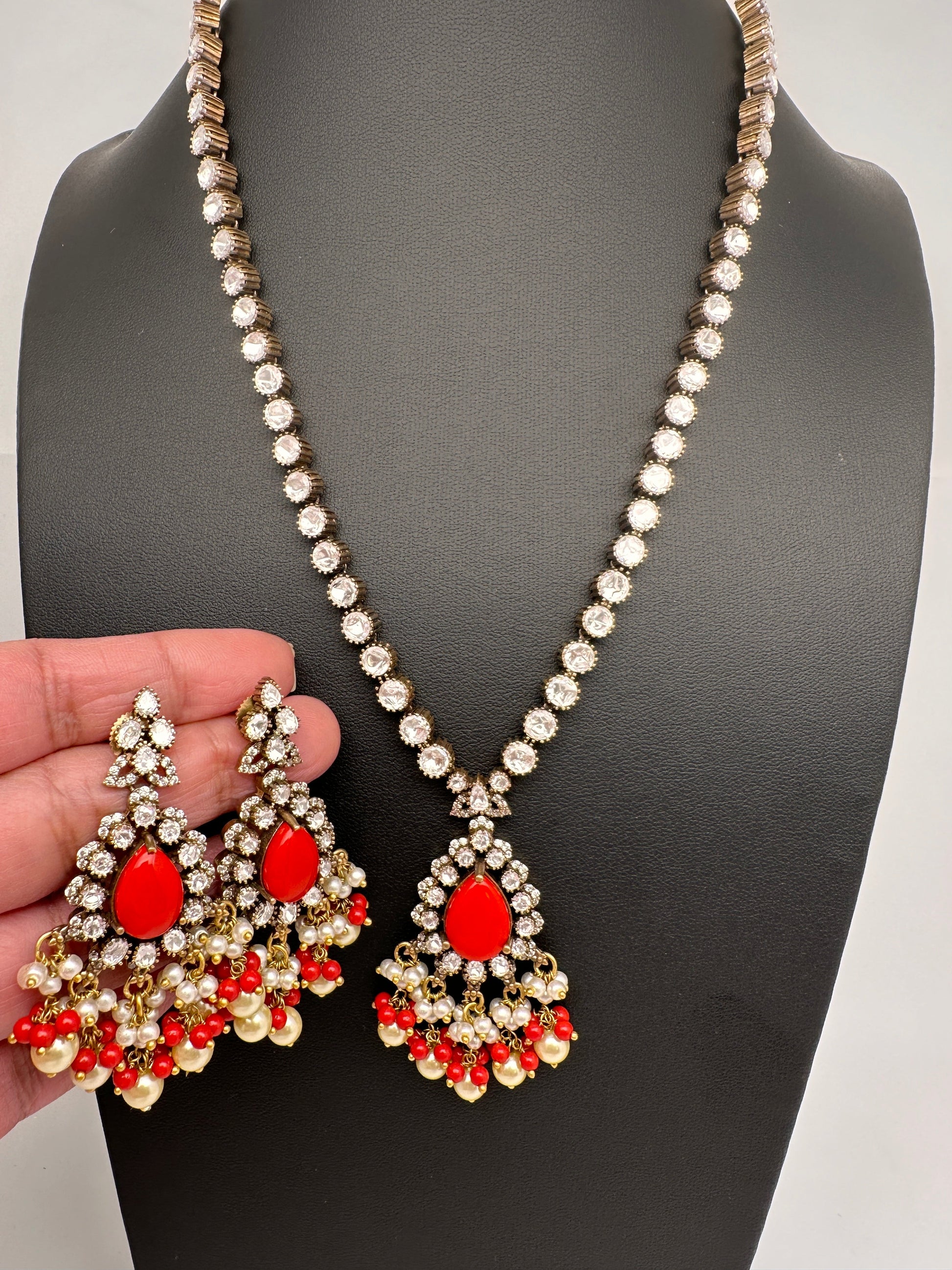 Polki Victorian Mehndi Finish Color Stone Necklace - Coral