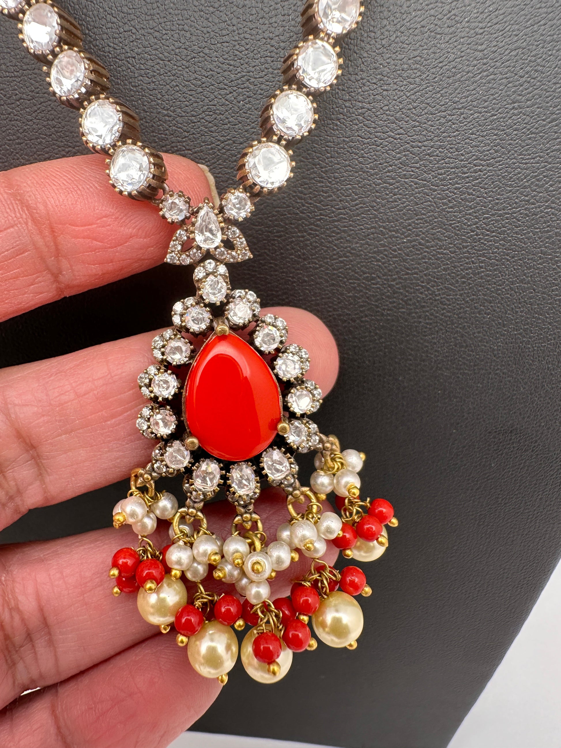 Polki Victorian Mehndi Finish Color Stone Necklace - Coral