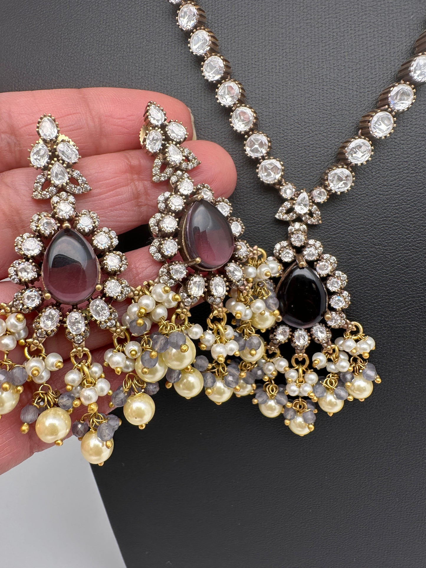 Polki Victorian Mehndi Finish Color Stone Necklace - Purple