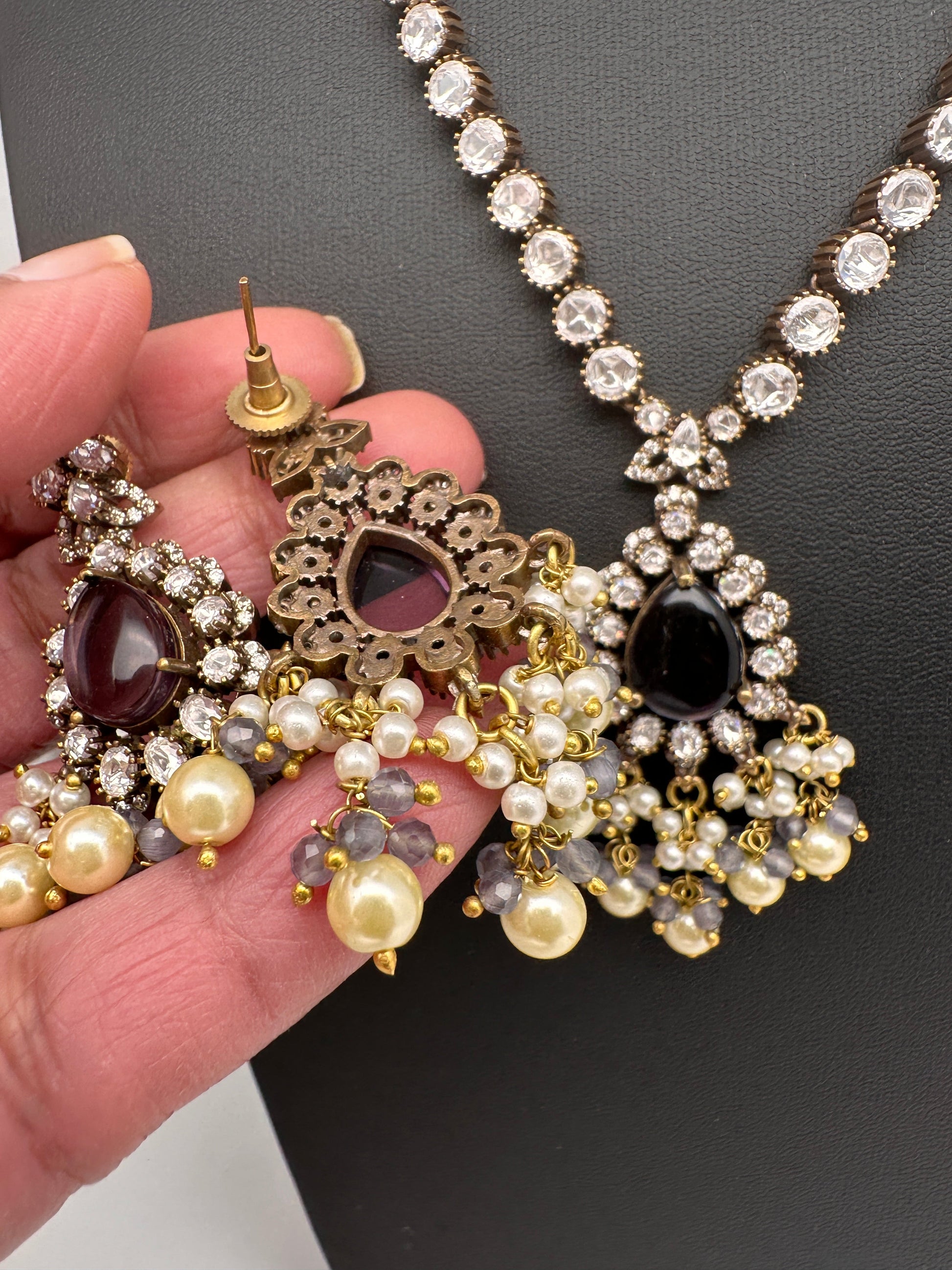 Polki Victorian Mehndi Finish Color Stone Necklace - Purple