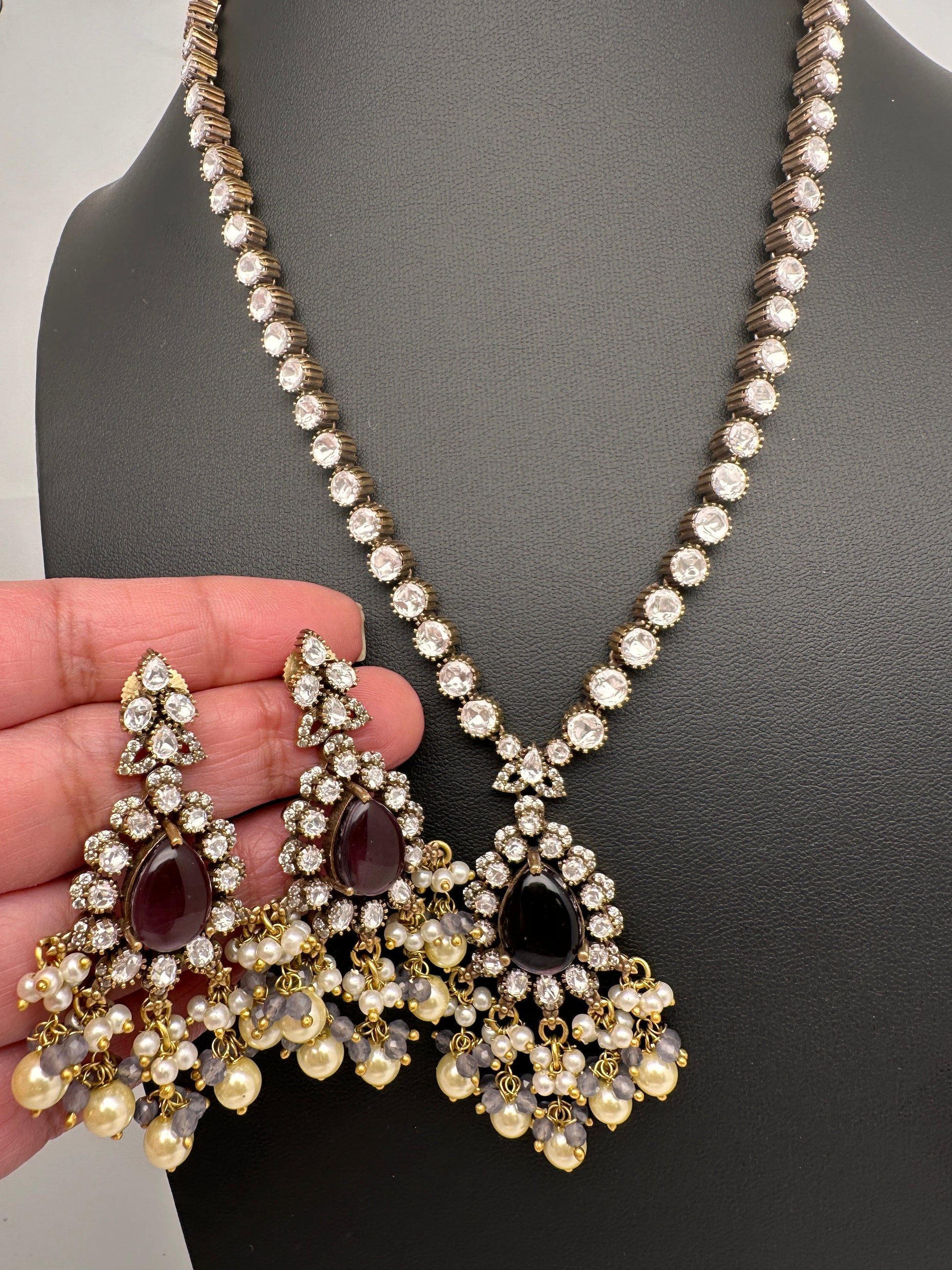 Polki Victorian Mehndi Finish Color Stone Necklace - Purple