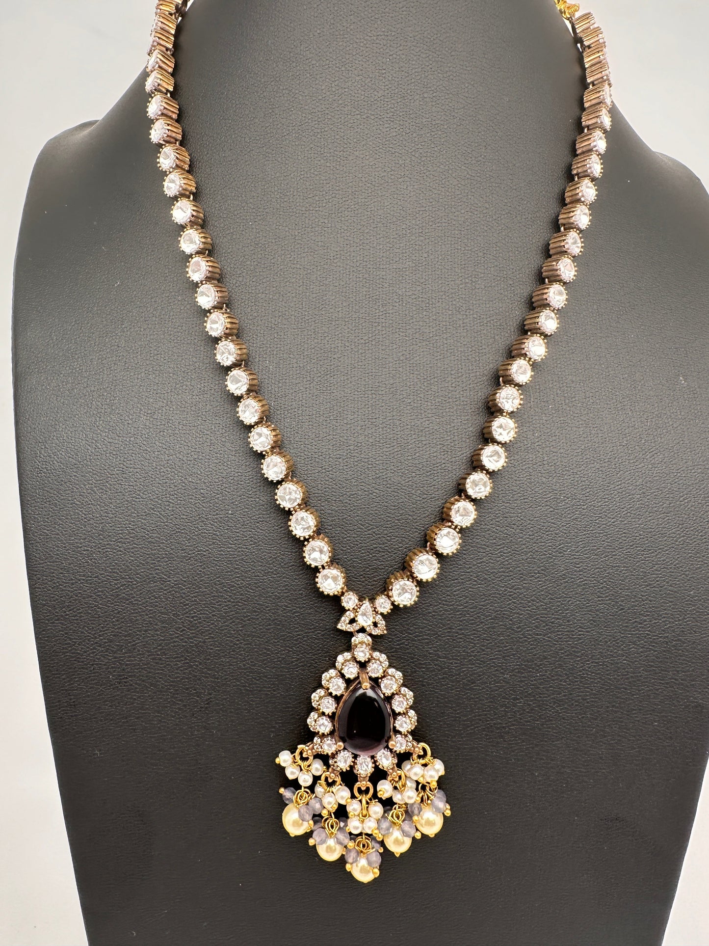 Polki Victorian Mehndi Finish Color Stone Necklace - Purple