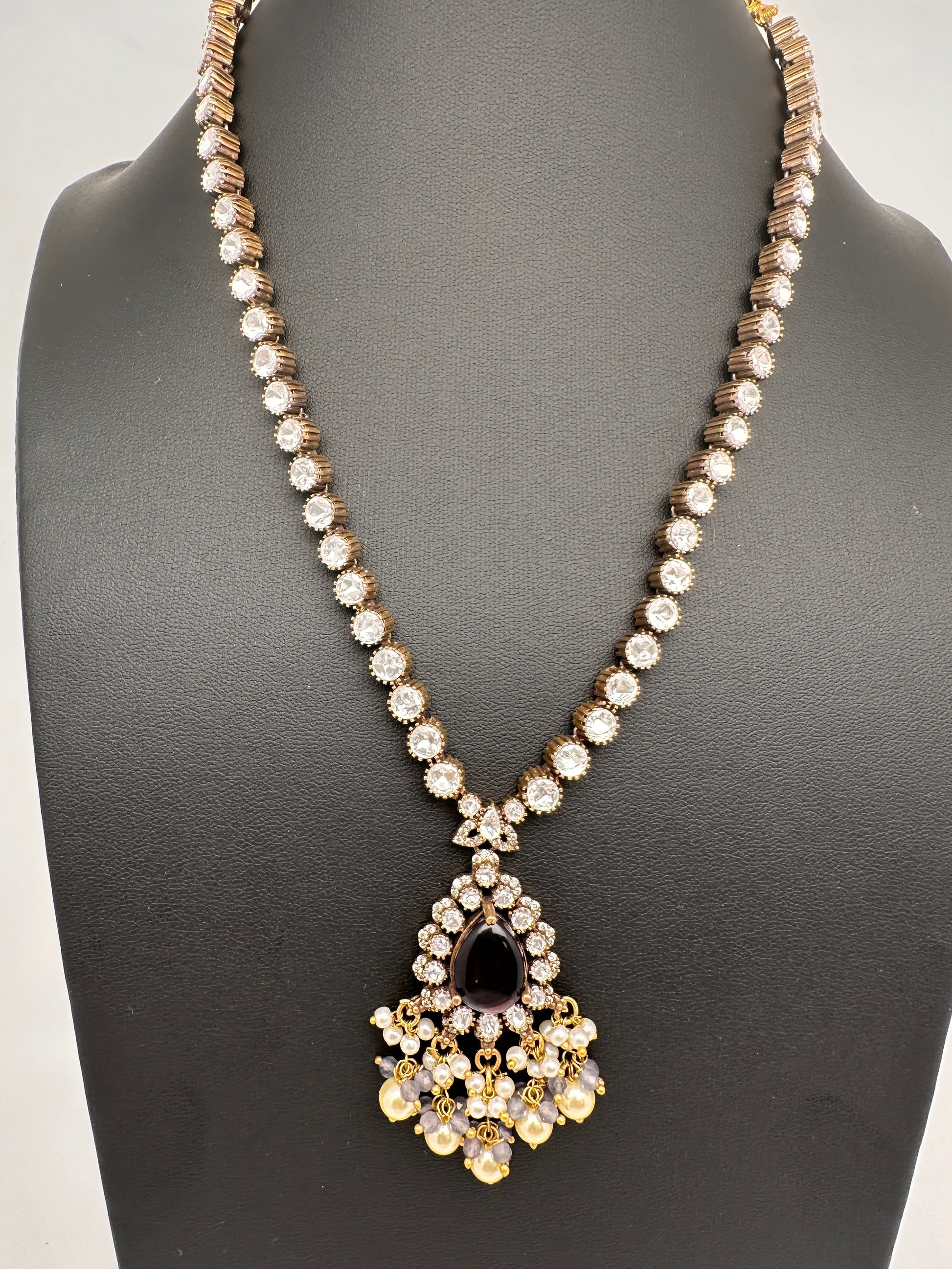 Polki Victorian Mehndi Finish Color Stone Necklace - Purple