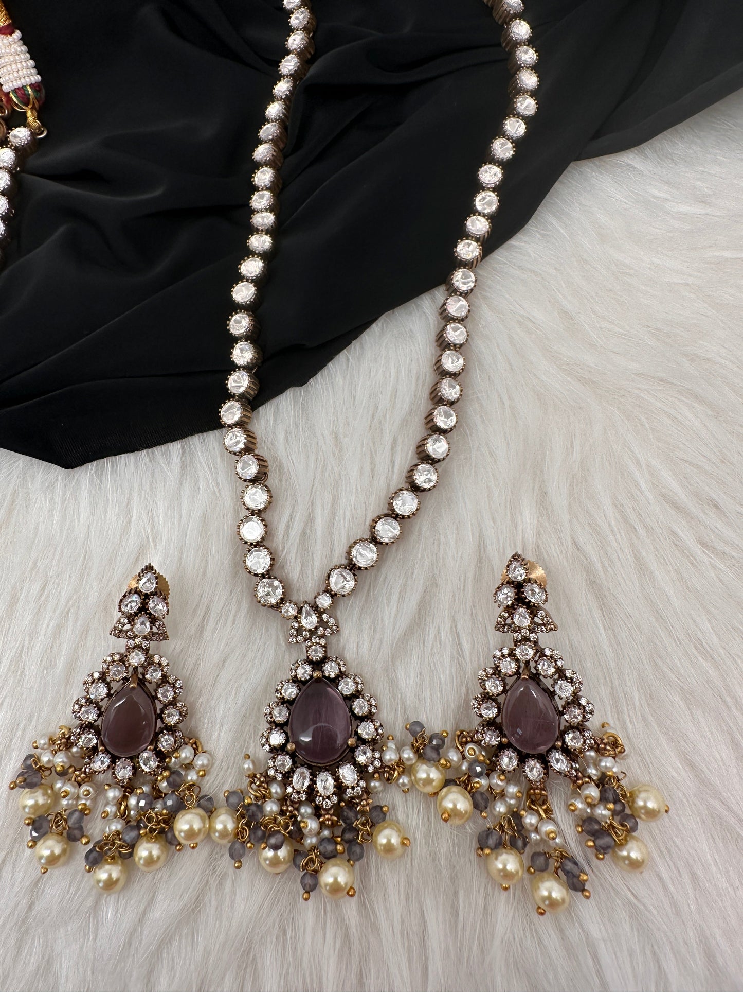 Polki Victorian Mehndi Finish Color Stone Necklace - Purple