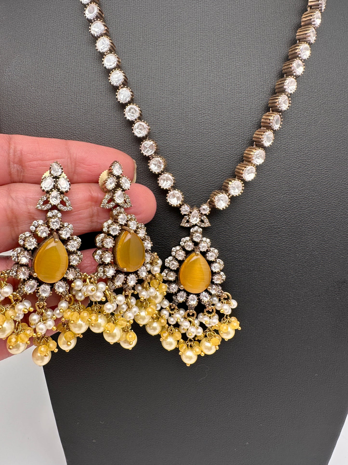 Polki Victorian Mehndi Finish Color Stone Necklace - Yellow