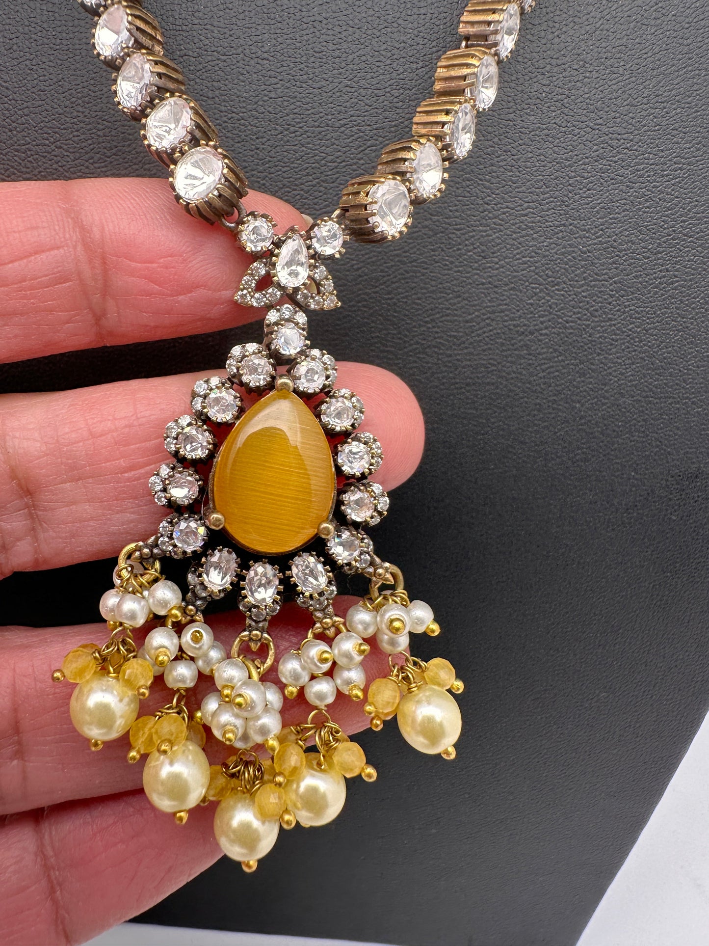 Polki Victorian Mehndi Finish Color Stone Necklace - Yellow