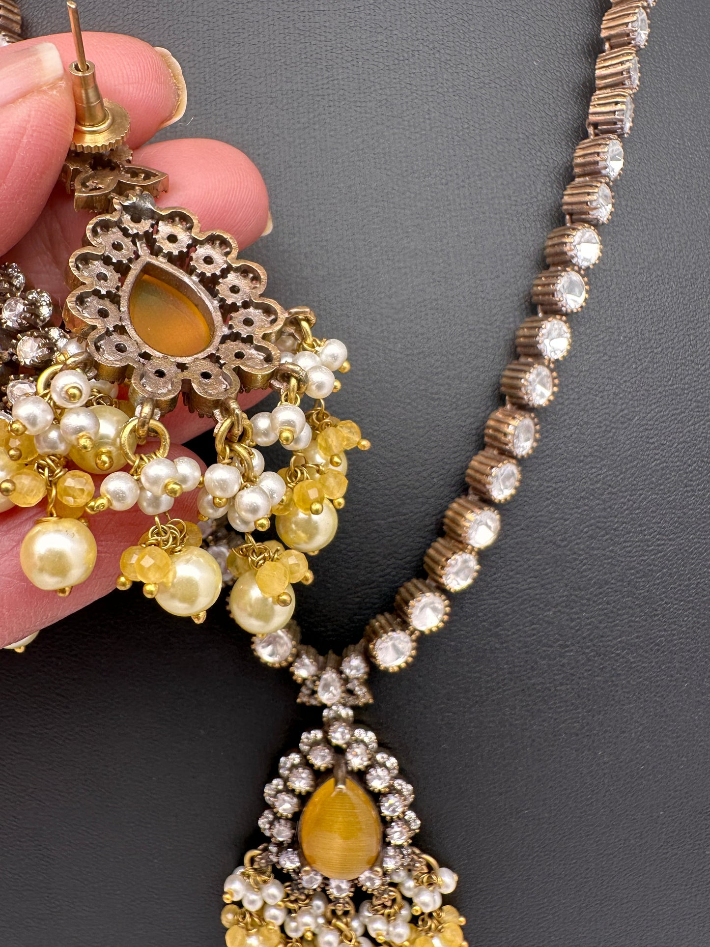 Polki Victorian Mehndi Finish Color Stone Necklace - Yellow