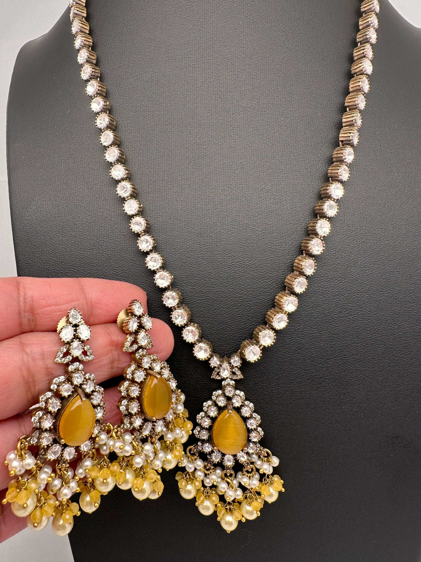 Polki Victorian Mehndi Finish Color Stone Necklace - Yellow