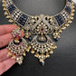 Polki Victorian Mehndi Finish Chandballi Color Stone Necklace - Blue