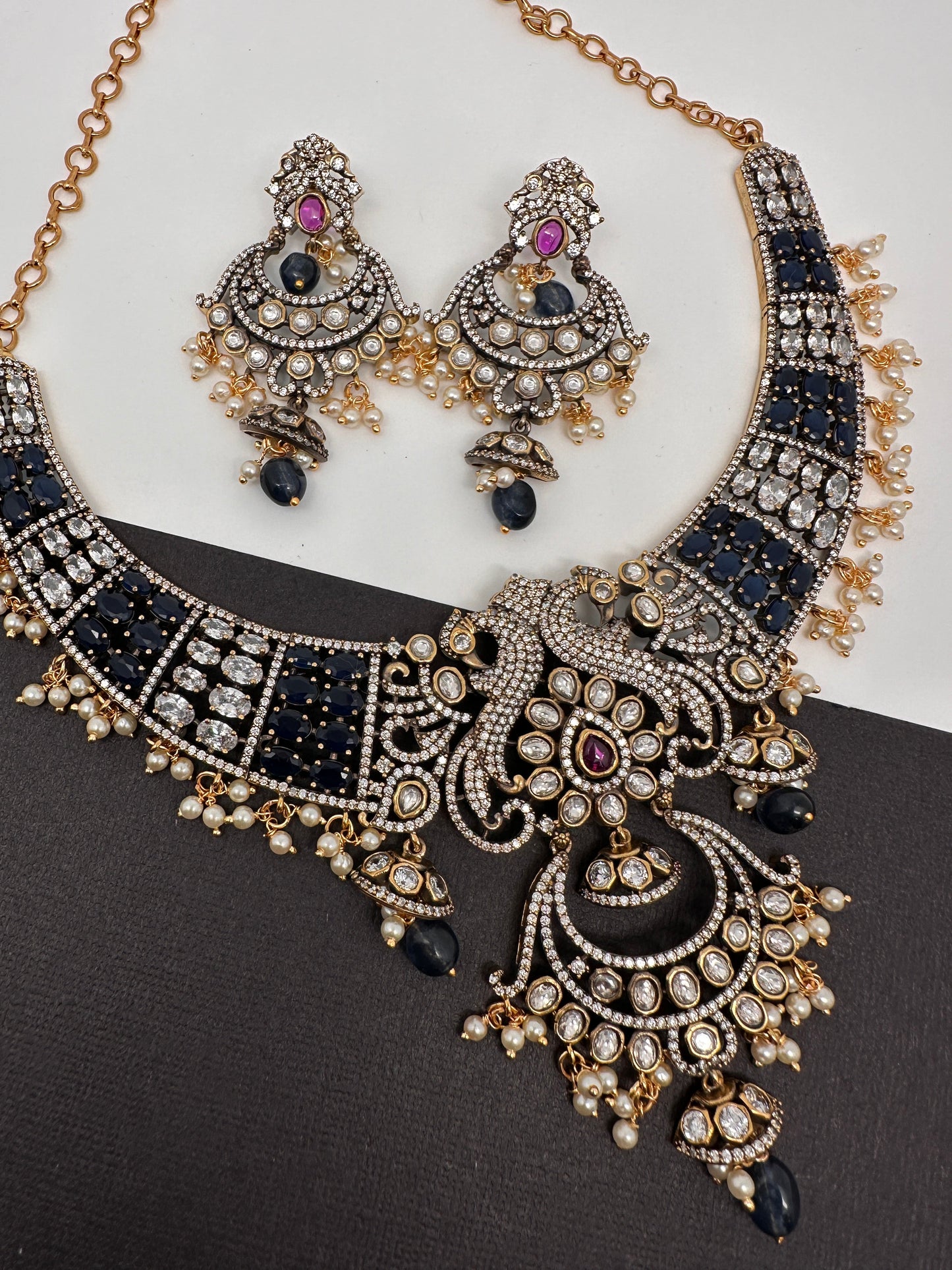 Polki Victorian Mehndi Finish Chandballi Color Stone Necklace - Blue