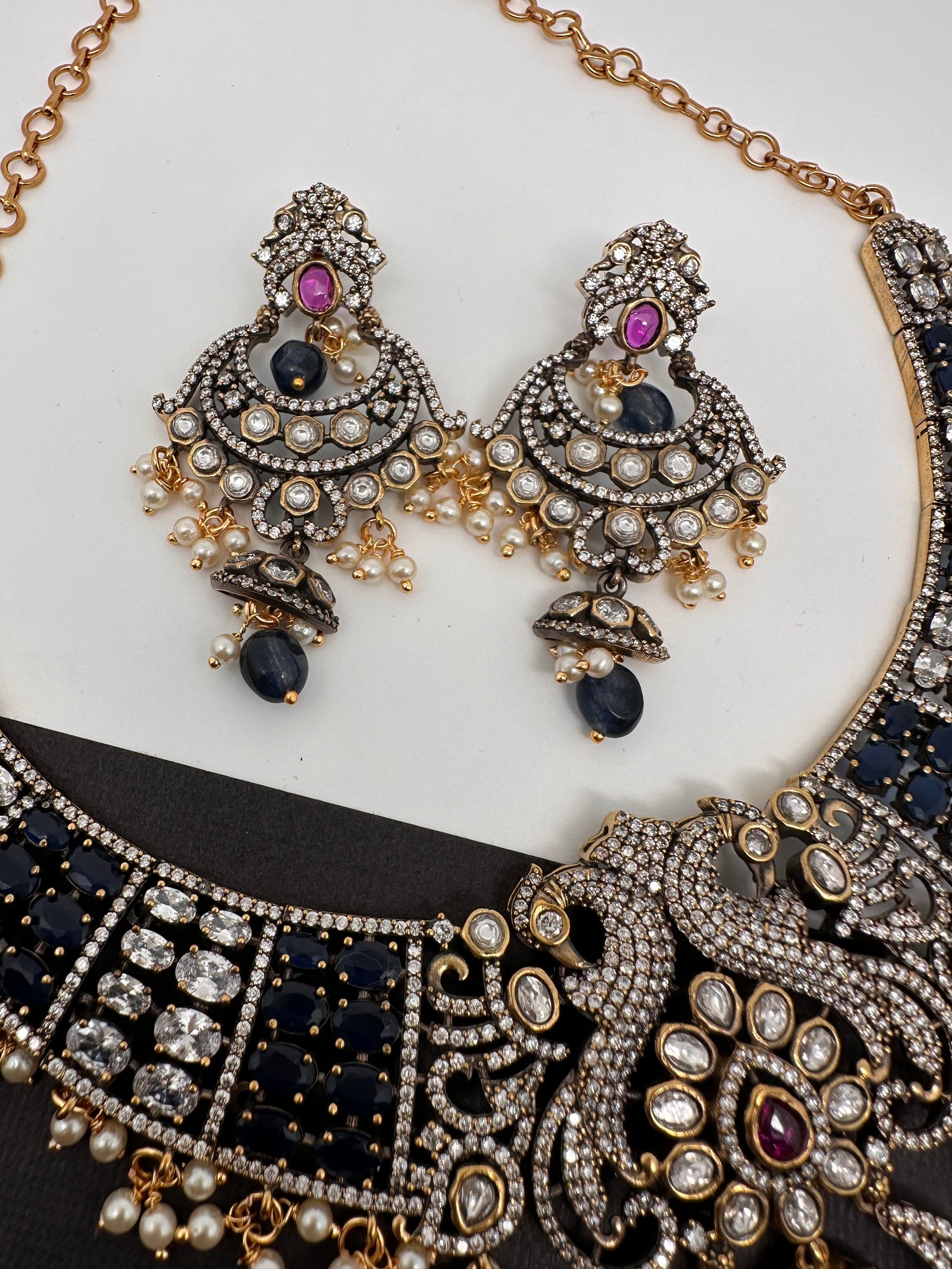 Polki Victorian Mehndi Finish Chandballi Color Stone Necklace - Blue