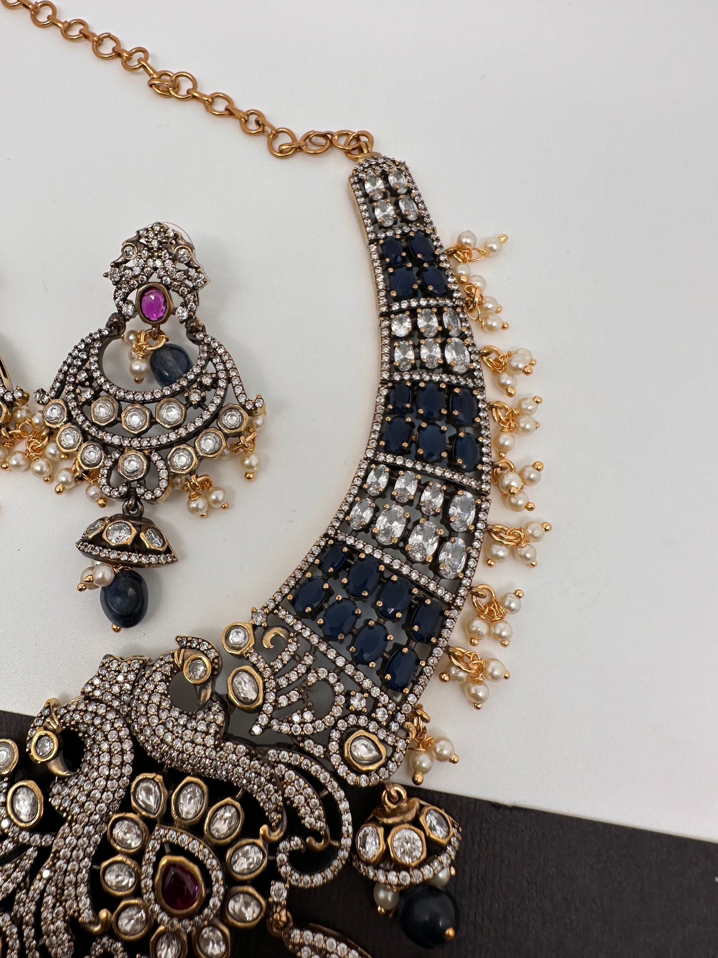 Polki Victorian Mehndi Finish Chandballi Color Stone Necklace - Blue