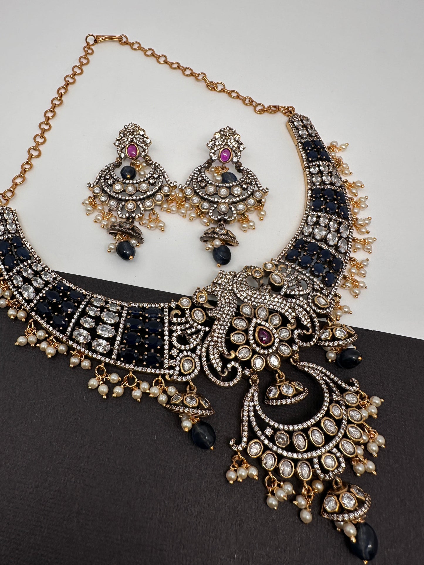 Polki Victorian Mehndi Finish Chandballi Color Stone Necklace - Blue