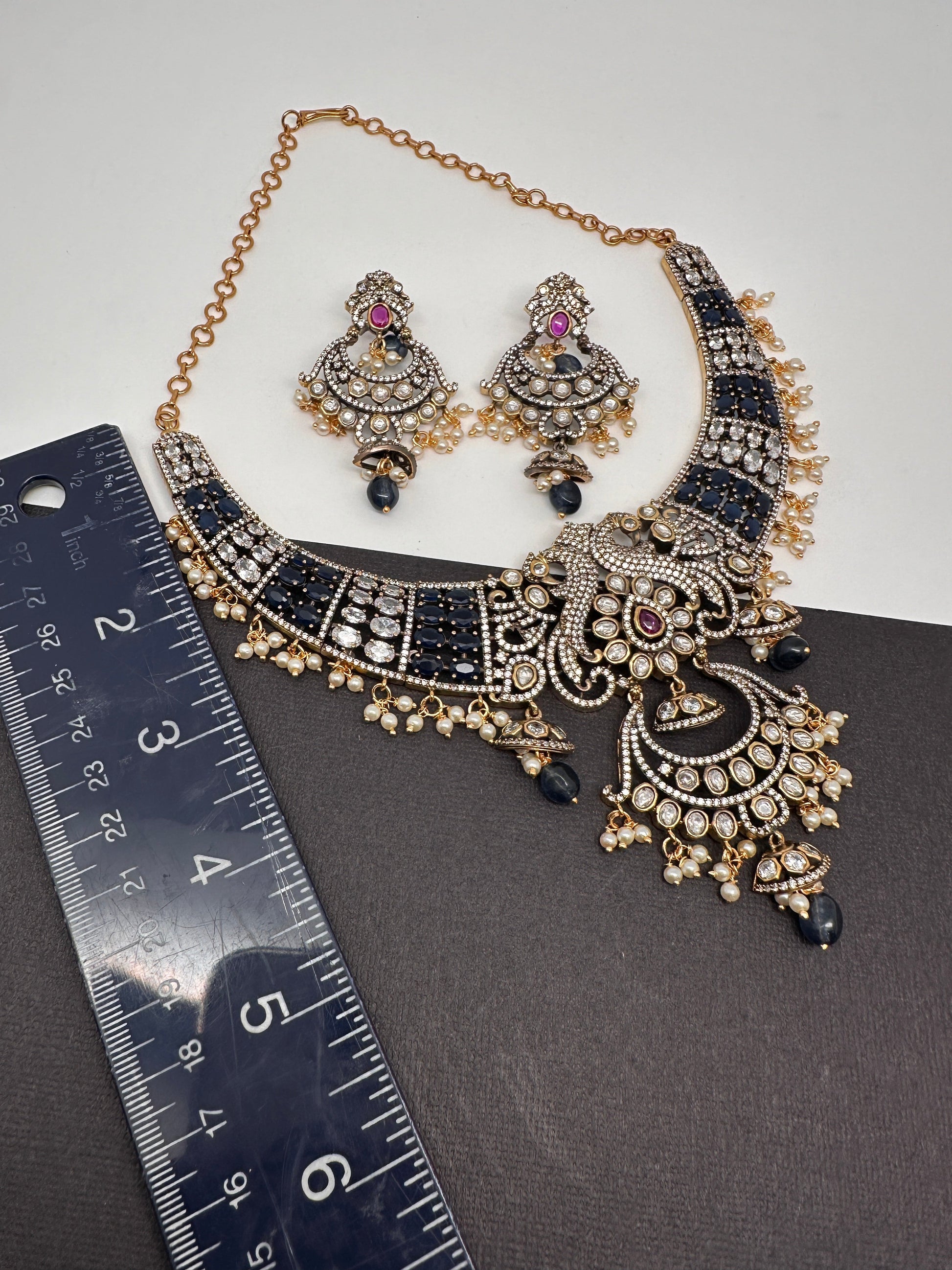Polki Victorian Mehndi Finish Chandballi Color Stone Necklace - Blue