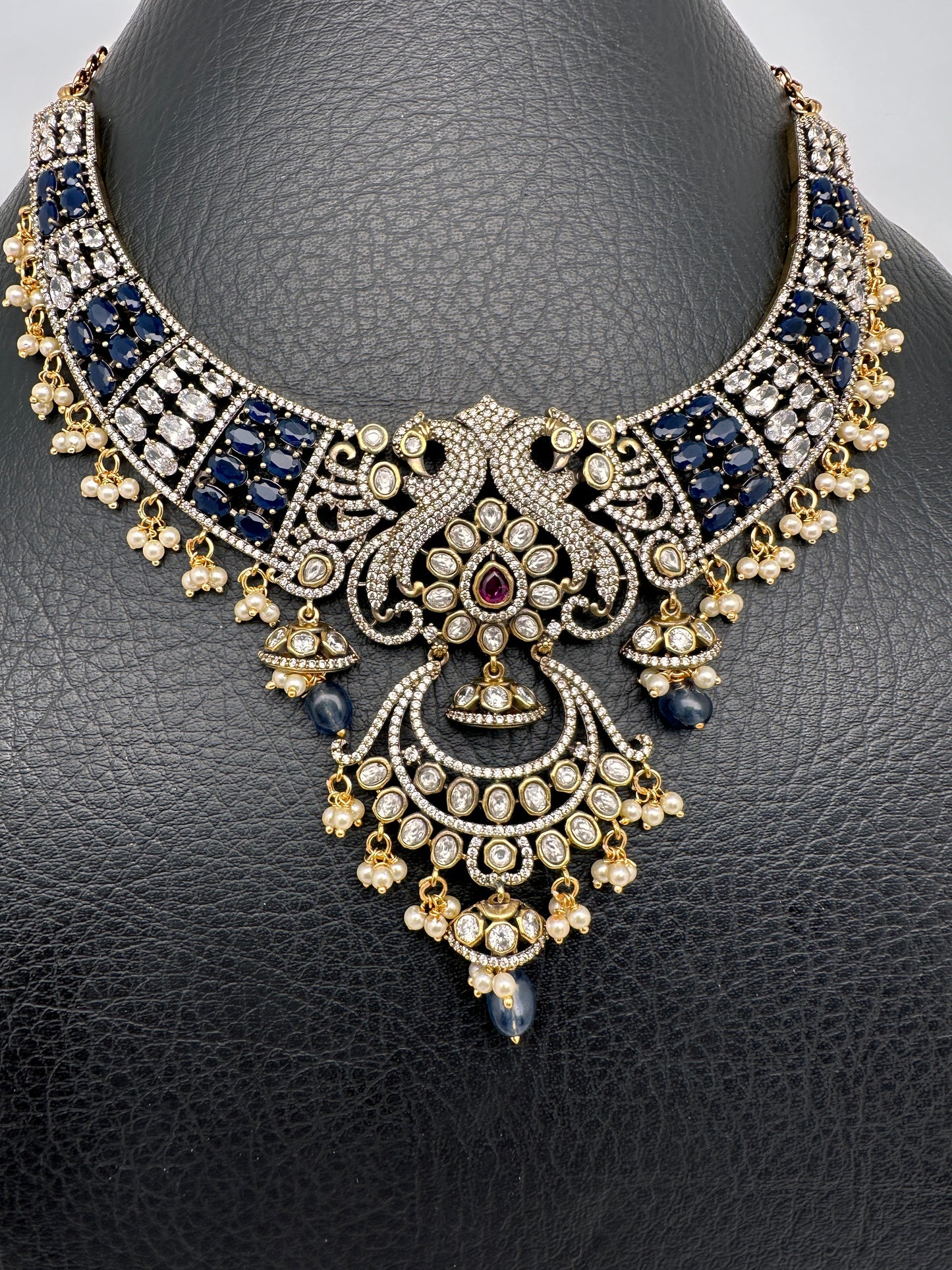 Polki Victorian Mehndi Finish Chandballi Color Stone Necklace - Blue