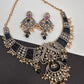 Polki Victorian Mehndi Finish Chandballi Color Stone Necklace - Blue