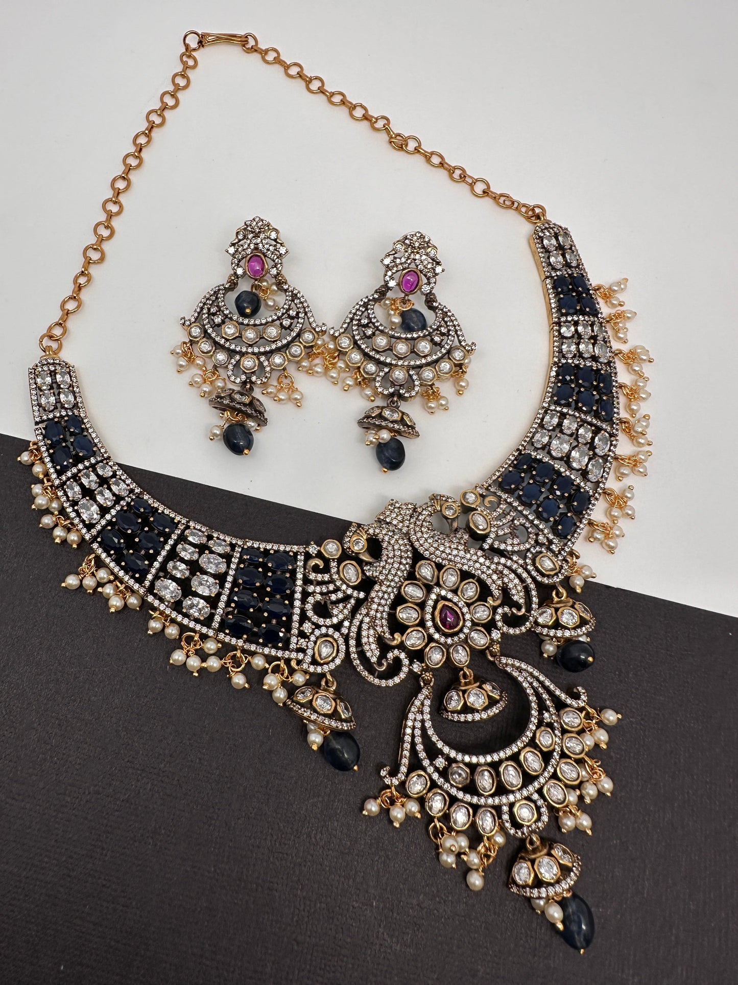 Polki Victorian Mehndi Finish Chandballi Color Stone Necklace - Blue