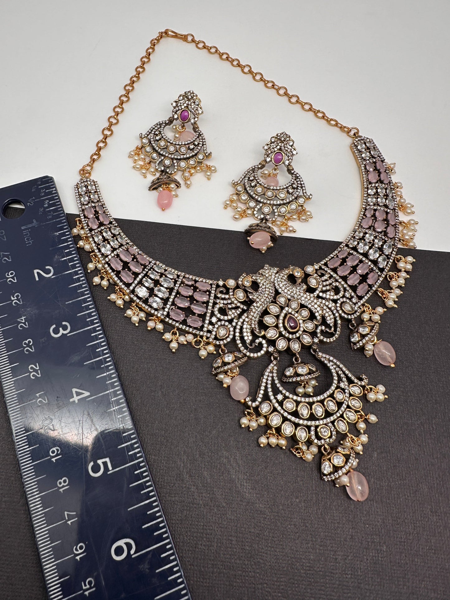 Polki Victorian Mehndi Finish Chandballi Color Stone Necklace - Pink