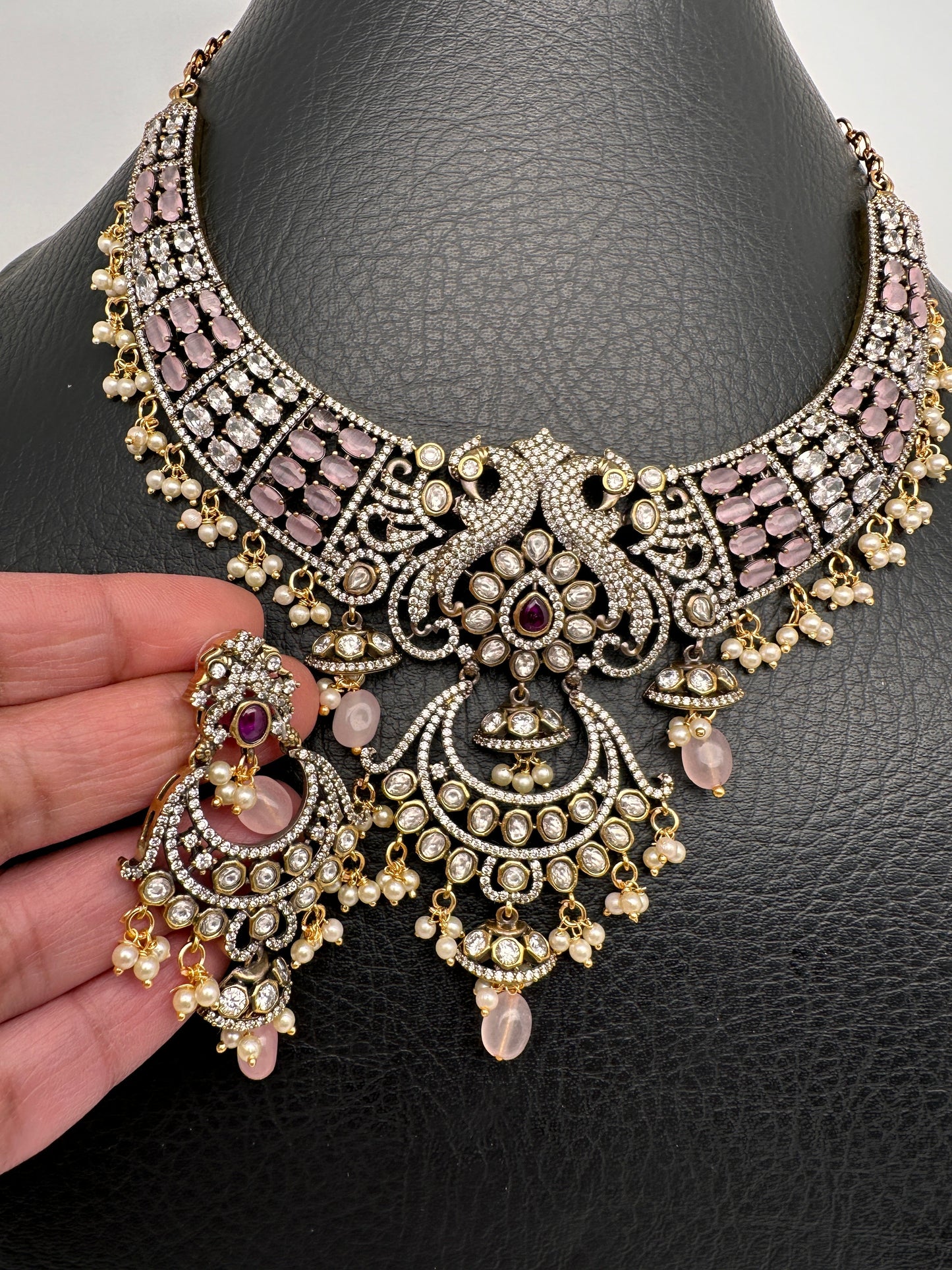Polki Victorian Mehndi Finish Chandballi Color Stone Necklace - Pink