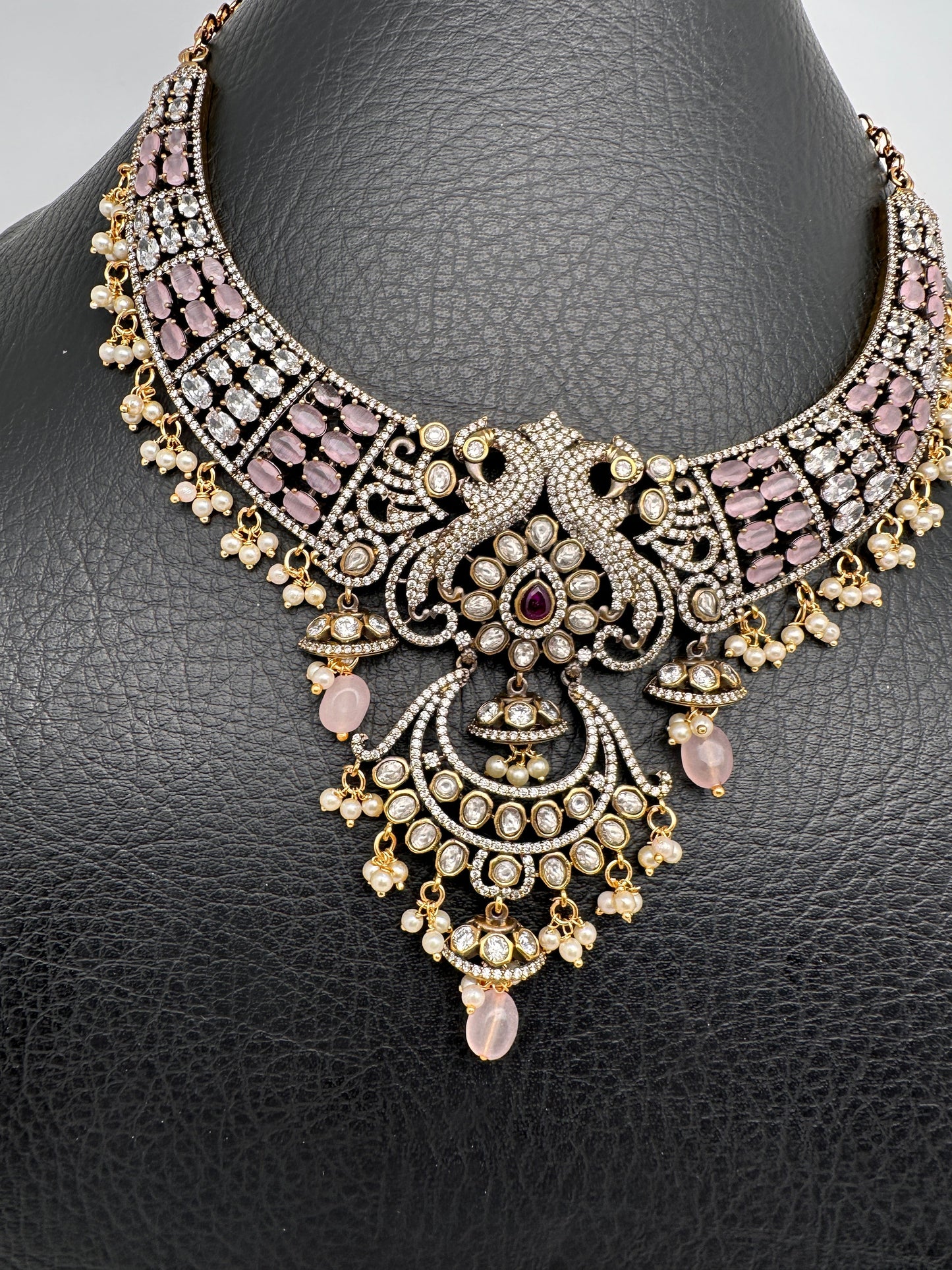 Polki Victorian Mehndi Finish Chandballi Color Stone Necklace - Pink