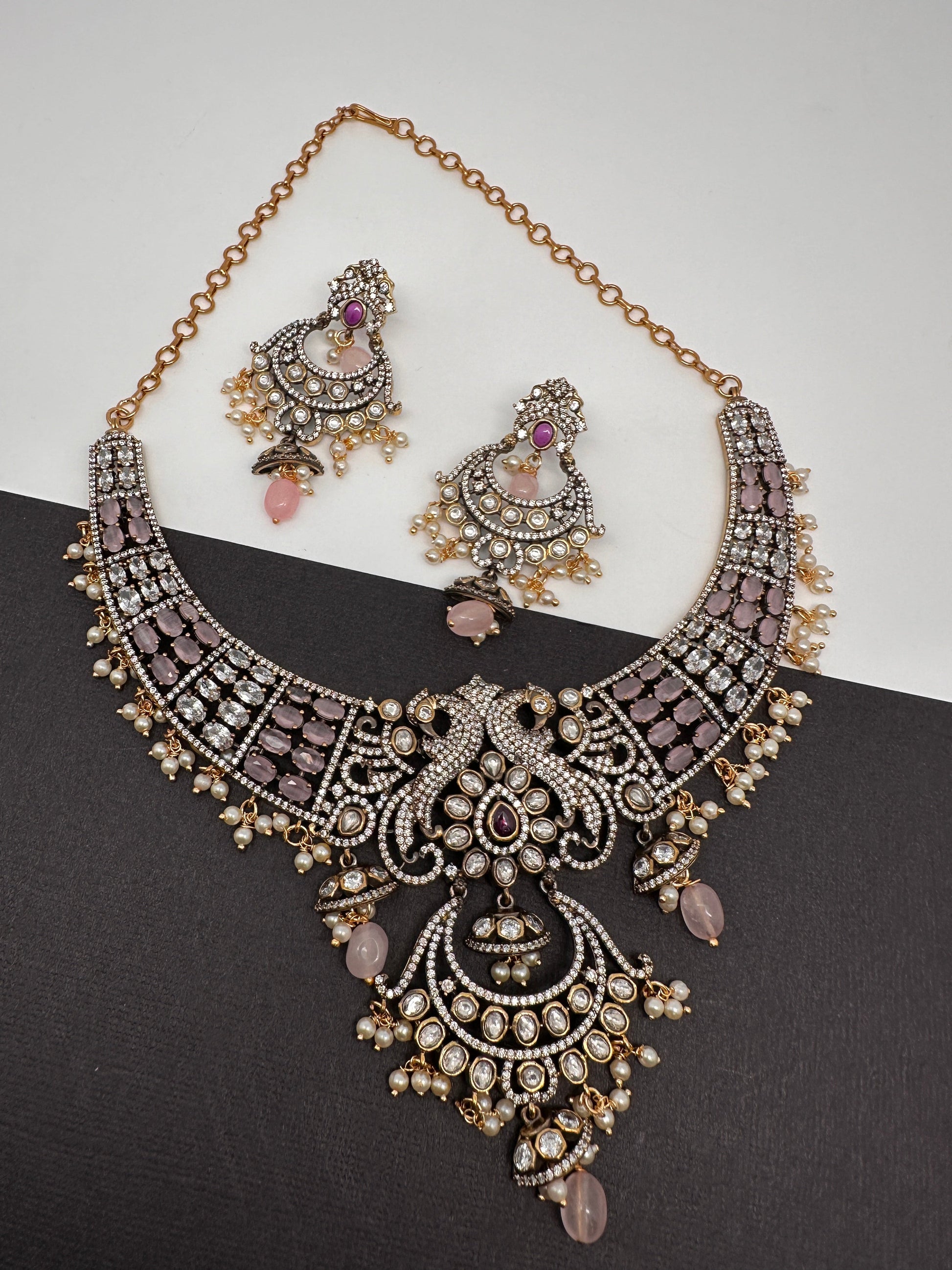 Polki Victorian Mehndi Finish Chandballi Color Stone Necklace - Pink