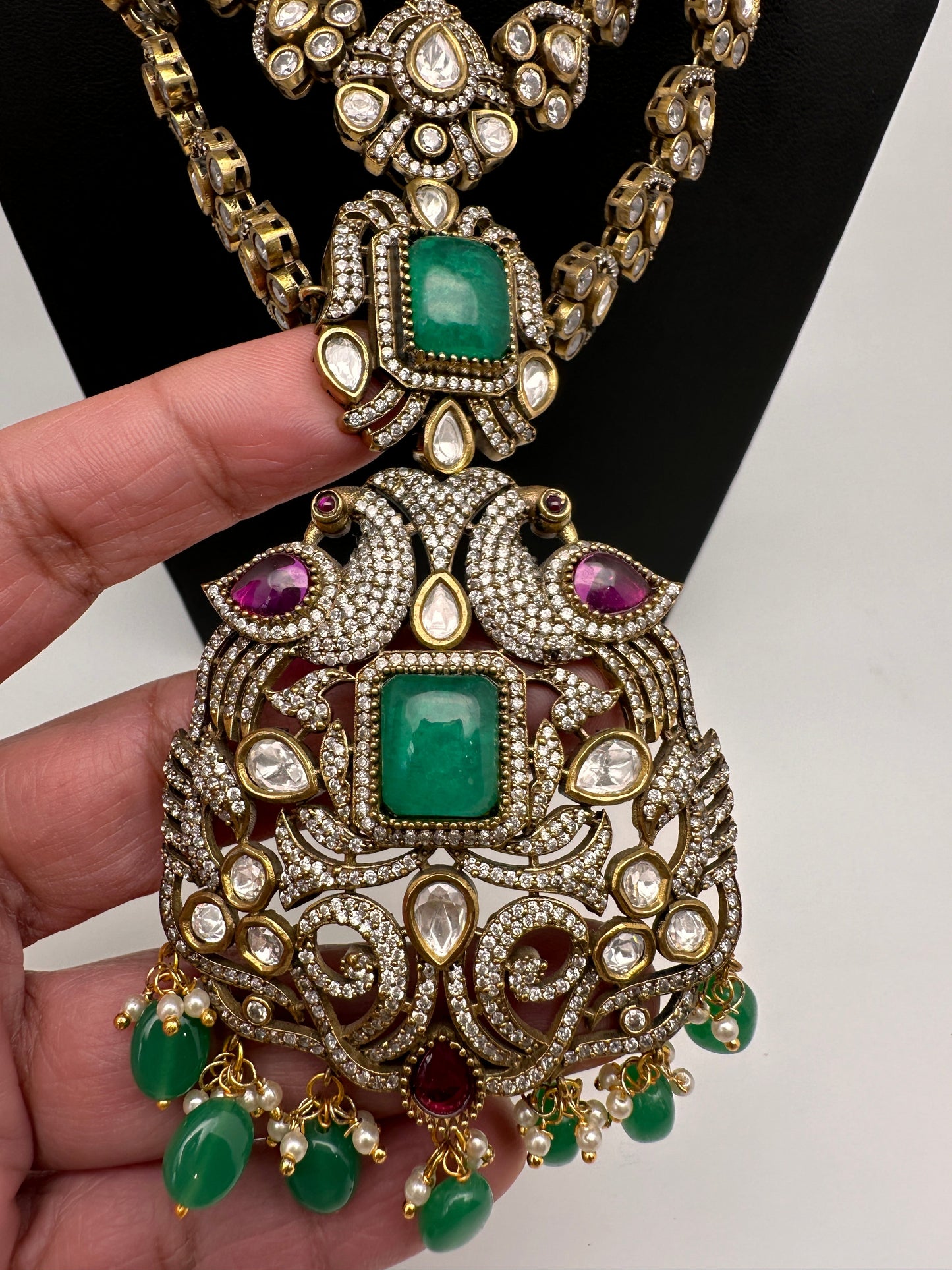 Kundan CZ Multi Layer Mehendi Polish Long Necklace