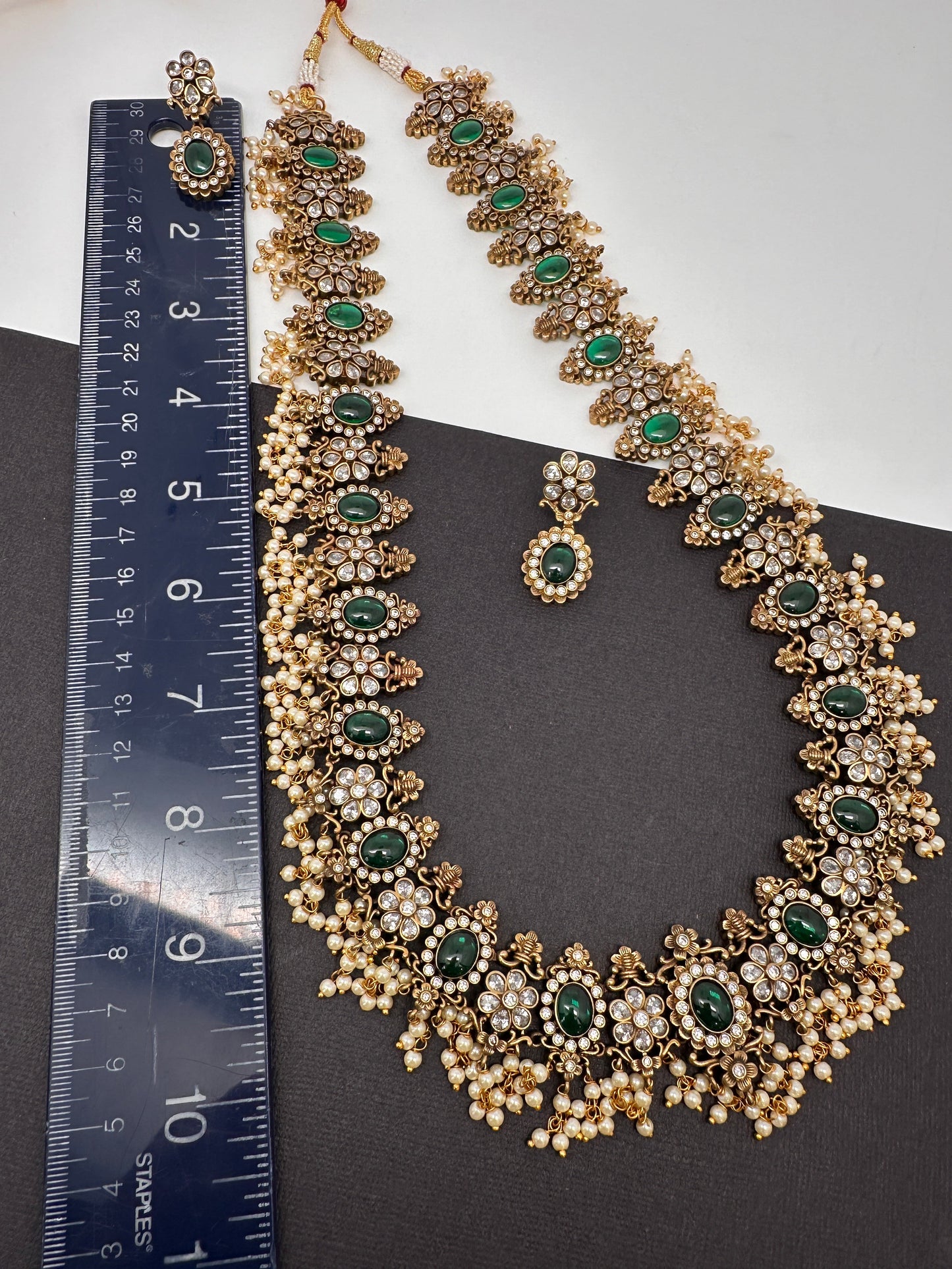 Victorian Mehendi Polish Long Guttapusallu Green Necklace