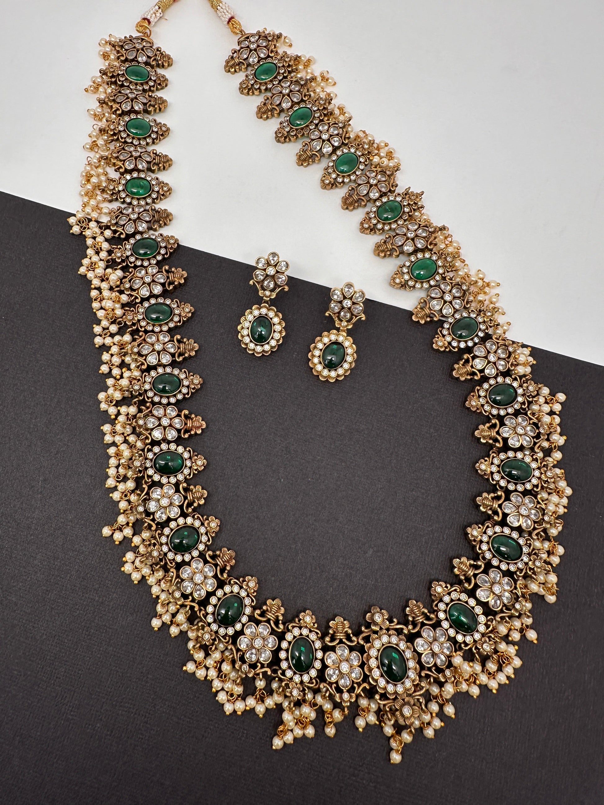 Victorian Mehendi Polish Long Guttapusallu Green Necklace